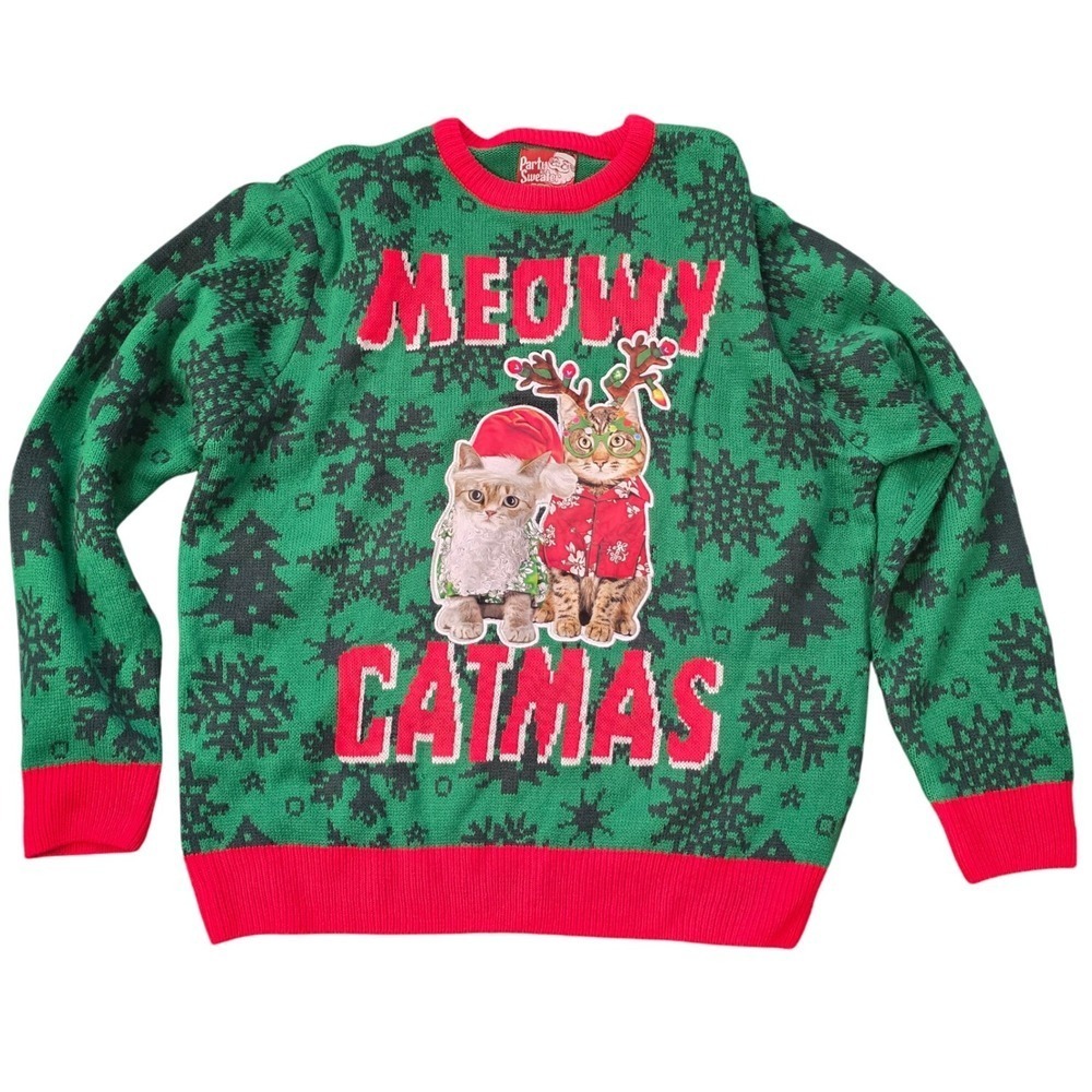 Party Sweater Women's‎ XL Catmas Ugly Christmas Sweater Green Red Cats Reindeer